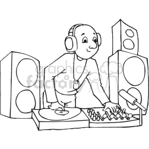 This clipart image features a cartoon of a DJ at work. The DJ is wearing headphones, standing at a DJ booth with a turntable and a mixer, actively manipulating a record. There are large speakers on each side of the booth, suggesting a setup for a music event or party.