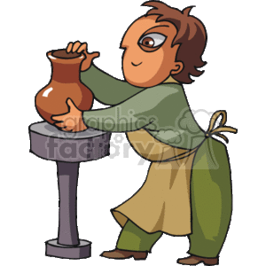   This clipart image depicts a potter at work, molding or inspecting a clay pot on a potter