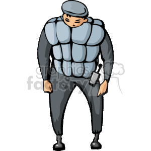   The clipart image depicts a person wearing body armor suggestive of a role in law enforcement, SWAT, or military duty. The figure appears equipped with protective gear common to these professions, such as padded armor and a helmet, and carries what looks to be a communication device or other handheld equipment. There is a clear emphasis on occupational attire associated with safety and tactical operations. 