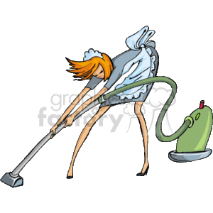 The clipart image depicts a maid or cleaner using a vacuum cleaner to clean the floor. The character is portrayed with an apron and a headpiece that are commonly associated with the traditional image of a maid.