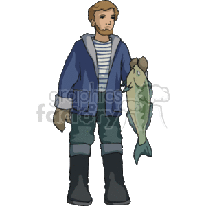 The clipart image shows a fisherman holding a fish. The fisherman is wearing a blue jacket, striped shirt, green pants, and black rubber boots, which is typical attire for fishing activities to stay dry and protected from the elements. The fisherman has a beard and is depicted in a standing pose with a neutral expression, presenting a fish he has caught.