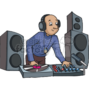 The image shows a cartoon of a DJ (disc jockey) working at a music event. The DJ is using a turntable and a mixer, surrounded by large speakers. The DJ is wearing headphones, a blue sweater, and brown pants, and is focused on mixing tunes.
