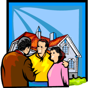 The clipart image features three individuals in front of a house with beams of light shining from the top left corner. One person appears to be a realtor with two potential buyers or clients, a man and a woman, both are smiling and engaged in a discussion with the realtor.