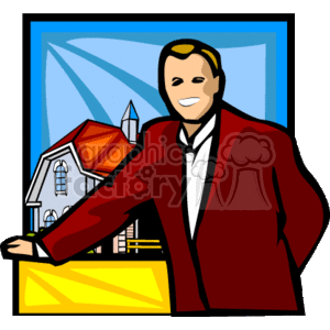 The clipart image features a smiling male realtor or real estate agent, standing confidently with one hand resting on a surface, possibly a sign or counter. Behind him is the image of a house, representing the real estate theme. There is a large window-like structure in the background, suggesting an office or presentation setting.