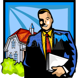 The image features a cartoon of a person who appears to be a realtor, dressed in a professional suit with a tie. They are holding what looks like documents or a folder, possibly related to real estate transactions. In the background, there is a stylized drawing of a house that represents the real estate aspect of the work of realtors.