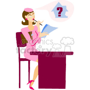 This clipart image features a stylized illustration of a female real estate agent or realtor. She is seated at a pink desk, looking contemplative with one hand on her chin and holding a blue file or notebook in her other hand. She is wearing a pink business suit and a hat, symbolizing a professional appearance. A speech bubble with a question mark above a house silhouette is depicted, indicating she may be pondering a question about real estate or a home sale.