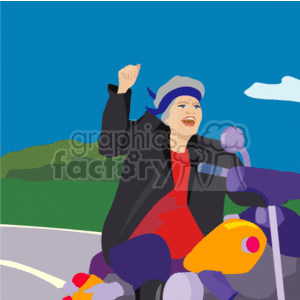 The clipart image depicts a senior citizen woman riding a motorcycle. She appears jubilant and is raising her fist in the air, possibly as a sign of excitement or triumph. The woman is wearing a helmet, a black jacket, and a red dress. The motorcycle is styled in vibrant colors, and she is driving along a road with a landscape of greenery in the background under a blue sky with a single cloud.