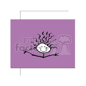 A simple stick figure with a smiling face and curly hair on a purple background.