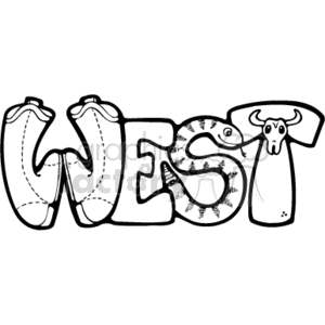 The clipart image depicts a stylized representation of the word WEST, with each letter designed to represent elements associated with the Western or cowboy theme. The first letter W is shaped like a pair of cowboy boots, the E is integrated with the form of a rattle snake, the S is formed to represent the body and curves of the snake, and the T is designed to resemble the head of a longhorn skull, a symbol often associated with the Old West.