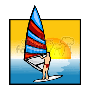   The clipart image illustrates a person windsurfing. The figure stands on a surfboard with a sail attached, poised to catch the wind. In the background, there