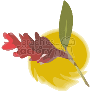 The clipart image depicts a stylized red tropical flower, which could be interpreted as a Hawaiian flower, like a Hibiscus, set against a warm yellow circle that could represent the sun. The flower is accompanied by two leaves, one green and one yellow.