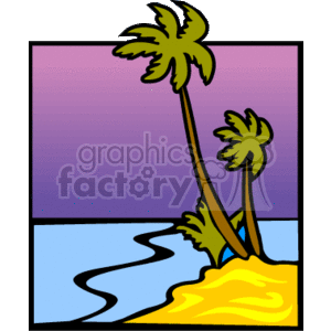 The clipart image depicts a stylized tropical beach scene. There are palm trees leaning over a sandy beach with the ocean in the background and a purple and pink sky above, possibly hinting at dawn or dusk. 