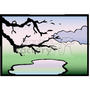 The clipart image depicts a tranquil natural scene. You can see the silhouette of a tree branch in the foreground, which suggests there might be more trees outside the frame. The background illustrates a serene body of water, possibly a small lake or pond, set against a backdrop of a more extensive forest or wooded area with additional trees. The sky above the scene has some clouds, suggesting an open, perhaps rural, landscape.