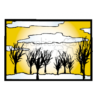 The clipart image depicts a winter scene with bare trees against a background that suggests a chilly, snow-covered landscape. There are multiple layers of clouds which imply a cold, overcast day. The trees are without leaves, indicating the dormant stage of vegetation commonly associated with the winter season. The ground is white and appears to be covered with snow.