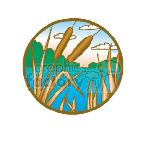 Outdoor Pond Scene with Cattails and Mountains