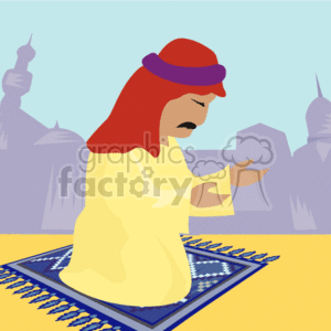 The clipart image depicts a Muslim man engaged in prayer, known as Salah in Islam. He is wearing traditional Arab clothing, including a head covering (which could be a keffiyeh or ghutrah) and a long garment, which could be a dishdasha or thobe. The man is kneeling on a prayer rug that has intricate designs, indicating the direction of the Kaaba in Mecca, which Muslims face during prayer. In the background, there are silhouettes of buildings with minarets, suggesting the setting might be in a city with mosques.