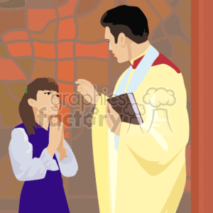   This clipart image depicts a religious scene where a priest, dressed in a yellow robe with a red stole, is blessing a young girl. The girl is wearing a purple dress and has her hands clasped in prayer. The priest is holding a book, likely a Bible or prayer book, in his left hand and appears to be making the sign of the cross or a blessing gesture with his right hand over the girl
