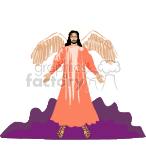 The clipart image depicts an angelic figure with wings and a halo, standing with open arms, dressed in a long robe. The background is dark with stars, and there's a suggestion of clouds or a mountain at the base. The figure has a serene expression.