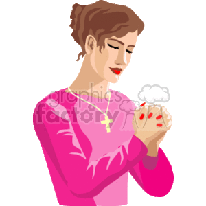 The image depicts a woman with her eyes closed and hands clasped together in a position that signifies prayer. She is wearing a pink top and a necklace with a cross pendant, indicating she may be Christian and is engaged in a Christian prayer or devotion.
