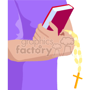 The clipart image depicts a person's hand holding a red Bible with their fingers wrapped around a rosary that has a cross at the end. The person appears to be dressed in a purple garment, which could suggest a religious robe or attire.