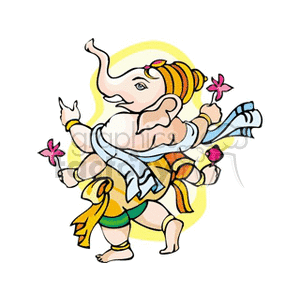 Colorful clipart of Lord Ganesha, a deity in Hinduism, depicted with four arms and holding flowers.