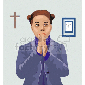 Clipart image of a woman praying with hands together, next to a cross and a religious picture on the wall.