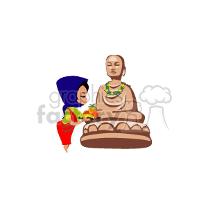 A clipart image of a person in a blue headscarf offering fruit to a statue of Buddha adorned with a flower garland.