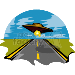   The clipart image depicts a UFO (Unidentified Flying Object) with some kind of energy beam coming out of its underside, situated over a road that extends into the horizon. The sky in the background suggests it could be night or twilight due to its dark blue color, with clouds scattered across it. The road has a double yellow line, suggesting it