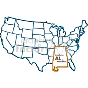 The image is a clipart representation of the United States with a focus on the state of Alabama. The map of the U.S. is outlined, with individual state boundaries marked as well. Alabama is highlighted and magnified on the map. Inside the outline of Alabama, there are two location markers indicating two cities: Birmingham and Montgomery. Additionally, the state abbreviation AL is prominently displayed within the Alabama outline.