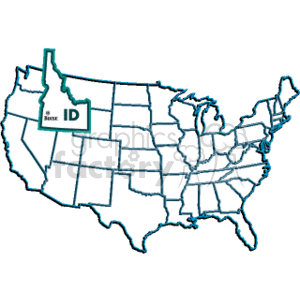 This clipart image features the map of the United States with the state of Idaho highlighted. It includes an inset that specifically points out the city of Boise, the capital of Idaho, along with the state abbreviation ID.