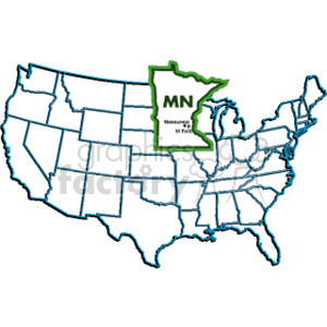 The clipart image features a simplified map of the United States with state boundaries delineated. The state of Minnesota (MN) is highlighted and marked with a green label that includes its postal abbreviation MN and the names of its largest city and capital Minneapolis and St Paul, respectively.