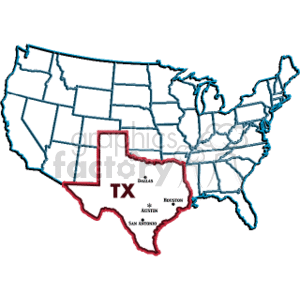 This clipart image features an outline map of the United States with the state of Texas highlighted. Inside the highlighted area of Texas, there's the state abbreviation TX, and the names of some cities like Dallas, Houston, Austin, and San Antonio are marked.