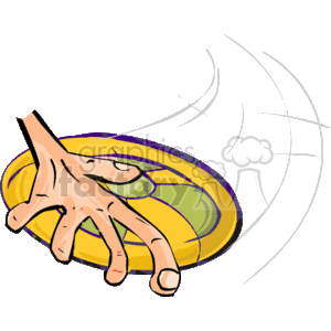 The clipart image depicts a hand throwing a flying disc, with motion lines behind the disc suggesting movement and speed. The flying disc has yellow and purple circular patterns.