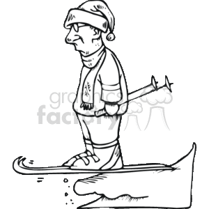 The clipart image depicts a humorous illustration of a person skiing. The skier appears to be inexperienced or unhappy, with a somewhat exaggerated, dejected expression on his face. The skier is standing on one ski, and there is a trail behind implying that they may have been skiing; the other ski seems to be lost as it is not visible. The skier is wearing typical ski attire, including a ski hat, a scarf, gloves, and boots, but his expression and the comical stance give the image a funny undertone.