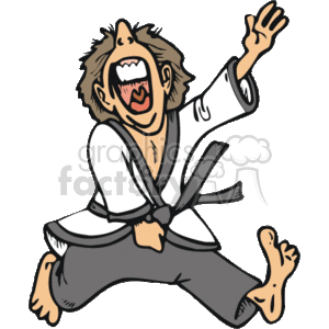 The image depicts a humorous illustration of a person practicing martial arts, specifically karate or a similar discipline. The person is dressed in a karate gi (uniform) with a black belt, which signifies a high level of expertise in martial arts. They appear to be in a dynamic pose, possibly executing a karate move, with a comically exaggerated facial expression of enthusiasm or effort.