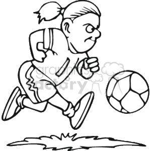 The image depicts a cartoon of a girl playing soccer. She appears to be in motion, dribbling a soccer ball with a determined look on her face. She has her hair tied in a ponytail, wears a shirt, shorts, and cleats, and seems to be focused on the soccer game.