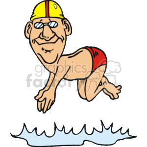 The clipart image depicts a cartoon-style character of a man about to dive into water. The man is characterized with a comical appearance, featuring exaggerated facial features and a large chin. He is wearing a red swimsuit and a yellow swim cap with red and white stripes. The swimmer is captured mid-motion in a diving pose, with his hands outstretched and his knees bent, as if he's about to enter the water, which is represented by a simple blue wavy line indicating a splash.