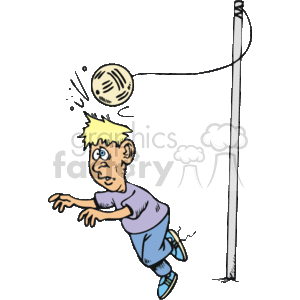 The clipart image shows a humorous scene with a young boy on a playground about to get hit in the head by a volleyball. The boy is depicted with a surprised expression on his face, hinting at an unexpected impact. The volleyball is suspended in the air, coming towards him from above with motion lines to indicate its path and speed. The presence of a volleyball pole suggests that the setting might be a school or community playground where kids play sports such as volleyball during their free time or in physical education classes.