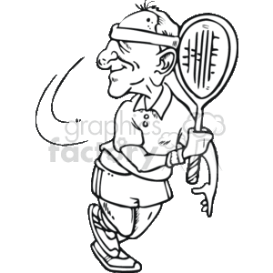 The clipart image shows a humorous depiction of a senior male character dressed in sportswear, ready for a game of tennis. He is wearing a polo shirt, shorts, a visor cap, sneakers, and is holding a tennis racket. The character appears to be in good spirits and may represent an active grandparent or an elderly family member enjoying sports.