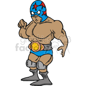 This is an image of a cartoon wrestler. The wrestler is wearing a blue mask with red stars, a blue singlet with a championship belt, and grey boots. The wrestler is posed as if ready to fight, showcasing a muscular physique.
