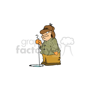This clipart image depicts a cartoon of an ice fisherman. He is wearing winter clothing, including a hat with ear flaps, and is holding a fishing rod with a line dropped into a hole in the ice. He appears to be waiting patiently for a fish to bite.