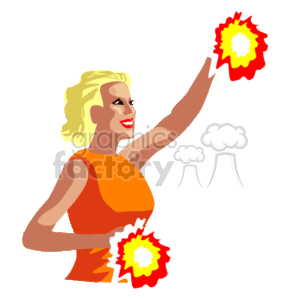 The image depicts a blonde cheerleader dressed in an orange outfit. She is smiling and holding up a cheer pompom. Her other hand also has a pom-pom, and both the pompoms have a fiery design, suggesting energy and enthusiasm.