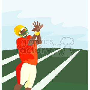 The image is a clipart depicting an American football player on a football field. The player, wearing a football helmet, pads, and a red jersey, appears to be in the motion of catching or throwing a football. The background shows the lines marking the yard lines on the field, with a blue sky and clouds above.
