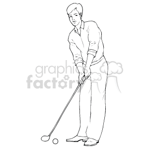 This black-and-white clipart image features a golfer in mid-stance, preparing to swing at a golf ball. The golfer is depicted with a focused expression, wearing casual golf attire and holding a golf club pointed towards the ground.