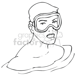The clipart image depicts a person wearing swimming goggles. The image captures the individual from the shoulders up, suggesting that they are immersed in water, as is typical for a person engaged in swimming. The person appears to be looking forward or to the side with a focused expression.