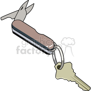 A clipart image of a pocket knife with multiple tools attached to a key.