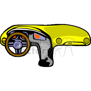 This clipart image features a stylized representation of the interior and partial exterior of a car, focusing on the steering wheel and dashboard. The car appears to be yellow and includes details such as the steering wheel, a dashboard section with an indicator showing, and the silhouette outline of the car's exterior.