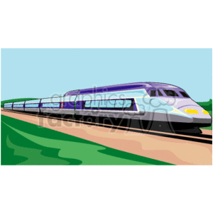 The clipart image features a high-speed train moving along tracks. The landscape in the background is minimal, mainly showcasing the sky and what appears to be greenery along the ground. The train is depicted with a sleek design, indicating its high-speed capabilities.