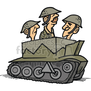 Three Soldiers Riding in a Green Camouflage Tank