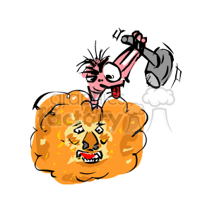 A whimsical clipart image featuring a pink creature, possibly a character, smashing a strange, orange fluffy creature with a hammer.